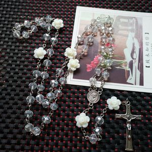 Rose Crystal Rosary Necklace Catholic Vintage Cross Pendant Long Chain Necklace Religious Jewelry Gift