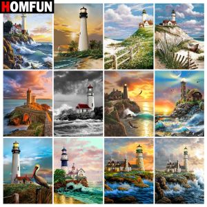 HOMFUN Diamond Painting Full Square/Round Diamond "Lighthouse sea " Pattern Embroidery Cross Stitch 5D Rhinestone Painting