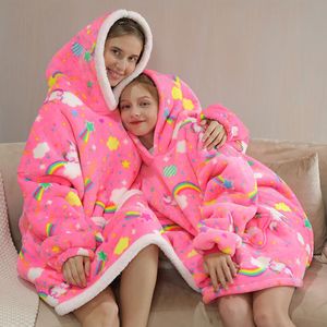 Soft Wearable Blanket With Sleeves Adults Kids Plush Fleece Hoodie Blanket Sweatshirt Winter Warm Sherpa Weighted Sofa Blankets