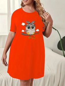 Plus Size Dresses Womens Nightgowns Round Neck Short Sleeve Dress Printed Owl Micro Stretch Oversized Homewear 240410