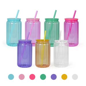 16oz 유리 색상의 유리 텀블러 색이있는 플라스틱 뚜껑 짚 유리 꽃병 컵 메이슨 jar libby 캔 꽃 병