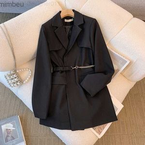 Women's Suits Blazers Women's Autumn/winter Vintage Casual Long Metal Chain Blazer Coats Black Hepburn Style Loose Metal Chain Suit Jacket for Woman C240410