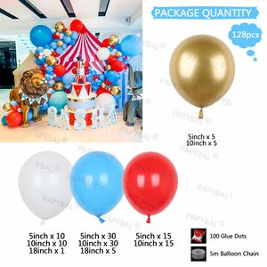 128PCS Balony Garland Carnival Circus Rozrywka Park Park Arch Zestaw Red Blue 5/10/18 Lateks Ballons Ballons Dekory przyjęcia urodzinowe