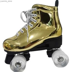 Inline Roller Skates Gold Silver Roller Skate Shoes Quad Sneakers Indoor Outdoor Skating Sport Beginner Double Row Adult Men Women 4 Wheels Y240410