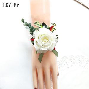 LKY Fr Boutonniere Pin Wedding Corsage Bracelet Bridal White Pink Roses Silk Flower Marriage Accessories Groom Buttonhole Brooch