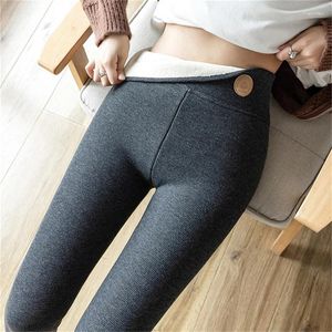 Calça feminina lã de cordeiro alinhadas alinhadas de inverno quente cintura alta por dentro e por fora térmica com bolsos