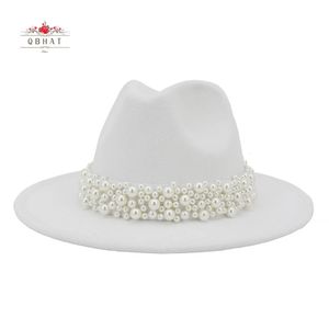 Jazz Fedora Hats with Pearls Band Women White Felted Top Cap Trendy Wide Brim Church Party Female Dress Hat Outdoor Sunhat 240322