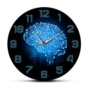 Binärcode Art Intelligence Brain Wall Clock Stille Bewegung Wall Uhrenbüro Büro Dekor Brain Circuit Platine Kunst für Geeks