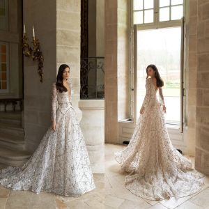 2024 A-Line Wedding Dresses Deep V Neck Long Sleeves Backless Bridal Gowns Custom Made Sequins Lace Sweep Train Wedding Dress