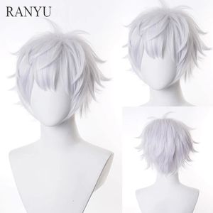 Ranyu White Men Wig Short Straight Synthetic Anime Hair Cosplay Party 240409の高温繊維