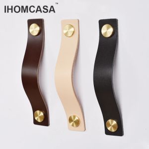 IHOMCASA Nordic Furniture Drawer Knobs Gold Brass Wardrobe Locker Cupboard Cabinet Pulls Leather Kitchen Handles Thicken Cowhide