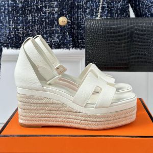 Designer kvinnors höga häl sandaler sommarvattentät plattform tjock sula high end äkta läder matsutake vävt häl sluttning häl sandaler