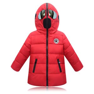 Neue Mädchen-Raumanzug Winter-Down-Jacke mit Gläser in Motorhaube Cool Boy Schneejacke Mantel hochwertige Kinder Schneekleidung 3-12y