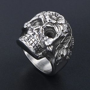 Anel de crânio de flores vintage 14k Punk Skull Rings para homens e mulheres Goth Punk Demon Skull Biker Ring