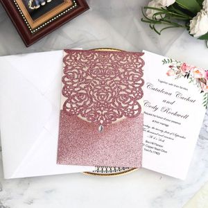 10st/set Laser Cut Glitte Rose Wedding Inbjudningar Kort Bjud in kuvert med Rhinestone Kit Brudduschengagemang Party Sup Sup
