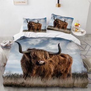 Highland Cow Duvet Cover King/Queen Size, Farmhouse Animal Bull Bedding Set, 재미있는 귀여운 초식 동물 퀼트 커버 아이 소년 소녀