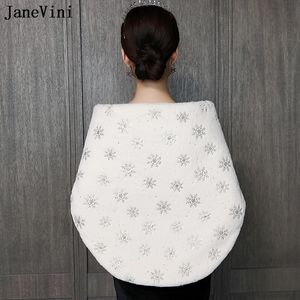 JaneVini 2022 Elegant Wedding Cape for Bride Champagne Snowflake Pattern Bridal Evening Jackets or Bolero Faux Fur Shawls Wraps