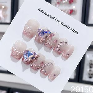 Handmade Y2k Fake Nails Short Pink French Luxury Heart Charm Design Reusable Adhesive False Acrylic Full Cover Nail Tips 240328