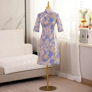 Improved Cheongsam Suede Hot Stamping Spring and Autumn Quarter Sleeves Chinese Style Slimming Mid Length Dress