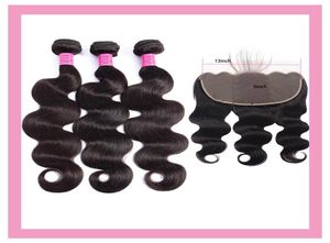 Brazilian Virgin Hair 3 Bundles With 13X6 Lace Frontal Pre Plucked Body Wave Hair Extensions 4PCS Cheap Remy Human Hair Wefts With5000996