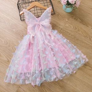 Baby Girls Farterfly Wings Fairy Gaze Princess Dress Lovely Kids Summer Sleeveless Tulle Dress Child Birthday Party Gown Dress