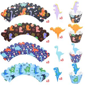 12set Dinosaur Cupcake Wrappers Jungle Safari Party Birthday Party Cake Topper Decor Baby Shower 1st Birthday Dino Party Supplie