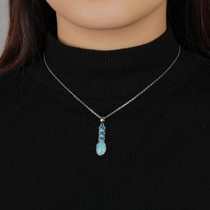 Estetisk 925 Sterling Silver Jewelry Classic Larimar Pendant Necklace Natural Precious Retro Woman Contracted Style