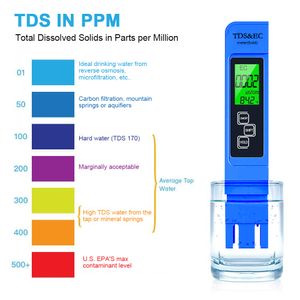 1PCブルーデジタル水質テスターTDS ECメーター範囲0〜9999多機能水純度温度温度PPMテスター