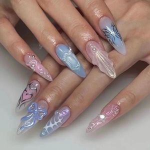 Handmade Almond Press on Nails Reusable Adhesive False Full Cover Nail Tips Acrylic Artificial Manicure for Girls Art 240328