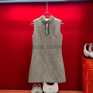 Basic & Casual Dresses Designer Women's Dress high coarse tweed shiny silk sleeveless vest skirt handmade studded diamonds dress in skirt