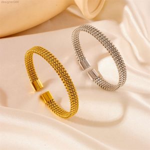Stainless Steel Braided Flat C-shaped Opening Bracelet for Men and Women Simple Fried Dough Twists Bone Honeycomb