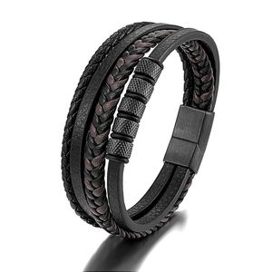 Simple Stainless Steel Leather Rope Bracelet Multi-layer Black Mens