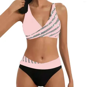 Kadın Mayo Yüksek Beled Bikinis İki Parçası Set 2024 Yaz Rhinestone Renk Bloğu Seksi Mayolar Bankalı Takım Plaj Giyim