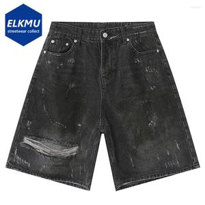 Shorts masculinos 2024 Verão preto de jeans solto vintage rasgou uma perna larga jeans folheado unissex streetwear hip hop