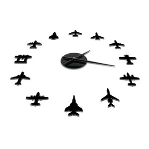 Flying Plane Fighter Jet Modern DIY Giant Wall Clock Akryl Mirror Surface Sticker Airplane Wall Clock Aviator Pilot Home Decor