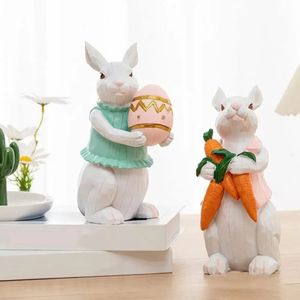 Bunny Ornament Easter Bunny harts Figur Vit kanin Holding Egg/Marrot Ornament Spring Holiday Home Decor Cartoon Model 240408