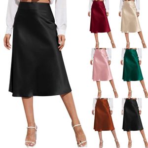 Damen Chiffon Seidenrock Mode Womens Midi High Taille Feste Farbe Satin Kleid Reißverschluss elegante weibliche Sommerröcke 240402