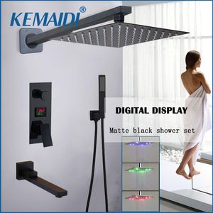 KEMAIDI Matte Black LED Digital Display Shower Faucet Set Rainfall Folding Bathtub Shower System LCD Digital Shower Mixer Tap