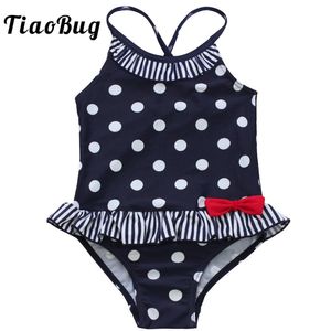 TiaoBug Summer Kids Girls Black One-piece Polka Dots Ruffles Swimsuit Swimwear Children Swimming Leotard Beachwear Bathing Suit