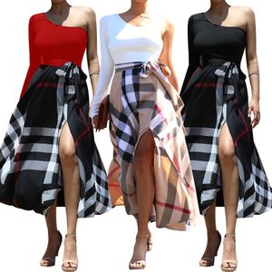 Women's One-Shoulder Dress Solid Color Top With Patchwork Plaid Elegant Skirt In Stock Size S-2XL