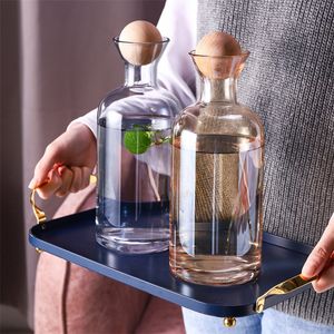 Nordic Glass Carafe Water Pitcher with Wood Lid Kettle Drinking Cup Tea Pot Juice Jug Household Drinkware Clear Water Bottle