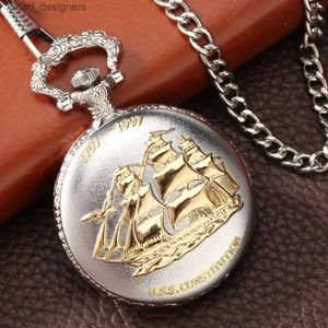 Pocket Watches Sail Frigate Quartz Golden Sailboat Vintage Pocket On Chain Roman Numerals Dial Pocket On Chain Birthday Gifts Y240410