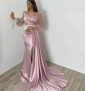 サテンマーメイドウエディングドレス長いセクシーなハイスプリットイブニングドレス長袖エレガントなVネックレーススパンコールサウジアラビア女性のフォーマル
