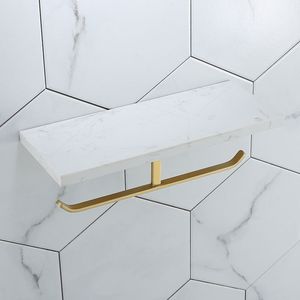 Brushed Gold Bathroom Roll Paper Holder Soild Brass & Marble Bath Mobile Phone Towel Rack Toilet Tissue Shelf Wall Mounted