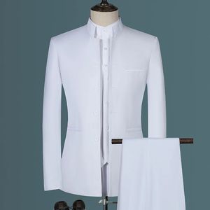 2023 Fashion Mens Casual Boutique White Stand Up Collar Chinese Style 3 PCS Set Set Slim Fit Blazers Jacket Pock Pants Vest 240326