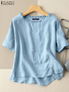 Sandaler 2023 Spring Blue Women Fashion O Neck Short Sleeve Solid Shirt Zanzea Casual Tops Tunic Loose Holiday Blusa Chemise Orizing