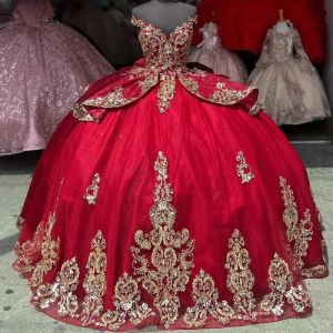 الزهور الحمراء المصنوعة يدويًا ثوب كرات الثوب Quinceanera 2024 قبالة الكتف من الدانتيل Vestido de 15 Anos Sweet 16 Miss