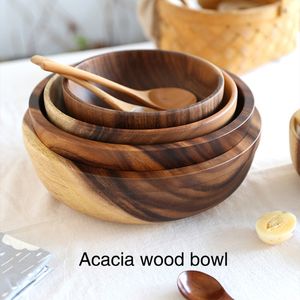 Tigela de madeira acacia estilo japonês de madeira para louça de madeira e bacia Salada de placa de frutas tigela de madeira inteira tigela de madeira tigela de madeira