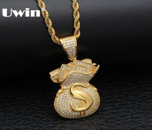 Uwin US Money Bag Necklace Pendant Full Bling Cubic Zirconia Iced Out Gold Chains Silver Gold Color Hiphop Jewelry For Men3289260