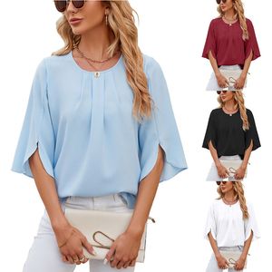 Frauen Tops Anderer lässiger plissierter Scoop Hals 3/4 Ärmel Sommerhemden Büro Arbeit Chiffon Blusen 2404101